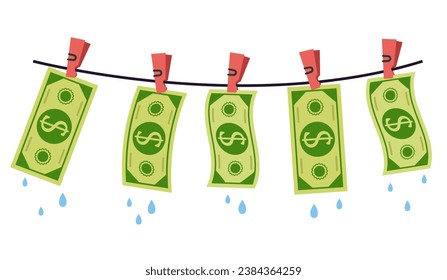 Money laundry dirty wash clothesline banknote clean concept. Vector flat graphic design illustration 