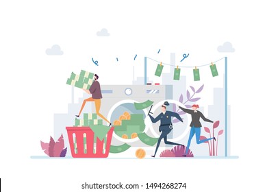 Money Laundry Vector Illustration Concept Showing a corrupt businessman are being chase by police for money laundry, Suitable for landing page, ui, web, App intro card, editorial, flyer, and banner.
