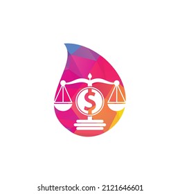 Money law firm drop shape vector logo design. Finance concept. Logotype scale and dollar symbol icon