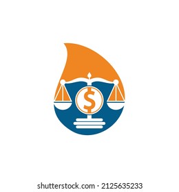 Money law firm drop shape vector logo design. Finance concept. Logotype scale and dollar symbol icon