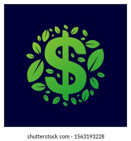 Money with Leaf Logo Design Concept Vector. Green Money Health Logo Template. Icon Symbol. Illustration