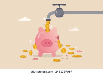 Money leaking, overspending or expense that reducing wealth or saving, fees or debt money loss, bankruptcy or poor, spending concept, faucet with money income flow into broken leaking piggy bank.