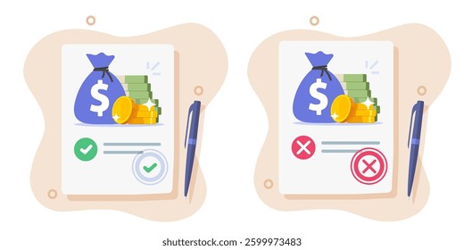 Money lend borrow loan financial document approved and denied rejected icon vector graphic set, success credit agreement, failed bank investment application, terms policy price notice contract image