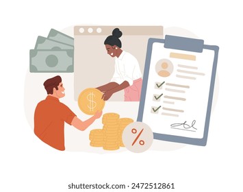 Ilustración vectorial de concepto aislado de préstamo de dinero. Pequeños prestamistas de dinero, préstamos a particulares, financiamiento a corto plazo, crédito bancario comercial e industrial, concepto de Vector de capital de trabajo.