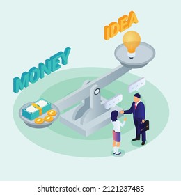 El concepto de vectores isométricos 3D del dinero y la bombilla en escala para banner, sitio web, ilustración, página de aterrizaje, volante, etc