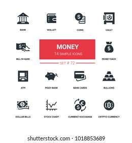 Money - line design silhouette icons set. High quality black pictogram. Coins, vault, bill in hand, wallet, sack, ATM, piggy bank, bullions, cards, dollar bills, stock chart, currency exhange