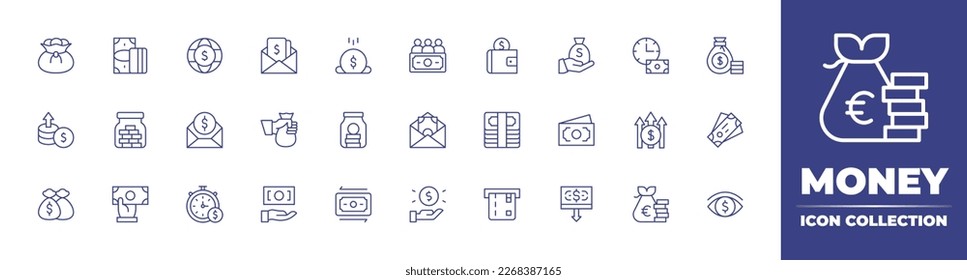 Colección de iconos de línea de dinero. Trazo editable. Ilustración vectorial. Conteniendo bolsa de dinero, dinero, fondos, ganancias, bono, aumento, ahorro, subsidio, recaudación de fondos, tarro, beneficio.