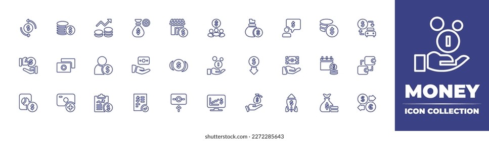 Money line icon collection. Editable stroke. Vector illustration. Containing cash back, coin stack, profit, add, shop, team, money bag, messenger, coins, car sharing, offering, money, employee, share.
