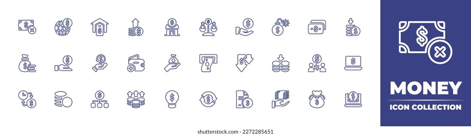 Colección de iconos de línea de dinero. Trazo editable. Ilustración vectorial. Conteniendo pobreza, inversión, vivienda, crecimiento, hogar, escala, participación, deuda, dólar, pérdida, bolsa de dinero, financiamiento, dinero, dinero, agregado, dar dinero.