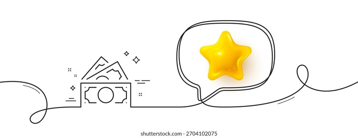 Icono de línea de dinero. Línea continua con estrella 3D. Letrero de billetes en efectivo. Símbolo de beneficio de ahorro. Estrella 3D en la burbuja del discurso. Cinta de una sola línea de dinero. Patrón de curva de bucle. Vector