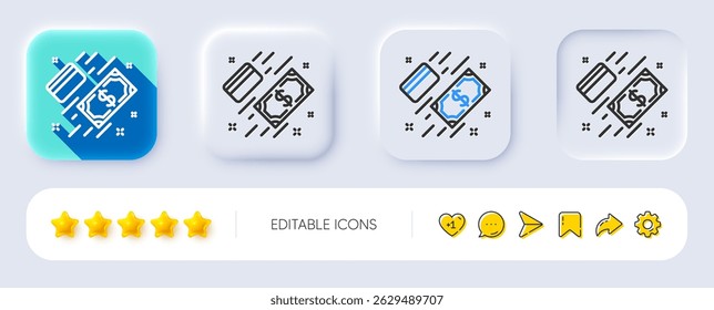 Ícone de linha de dinheiro. Neumórfico, sombra plana, botões 3d. Sinal de métodos de pagamento. Símbolo do cartão de crédito. Ícone Pagamento de linha. Ícones de mídia social. Vetor