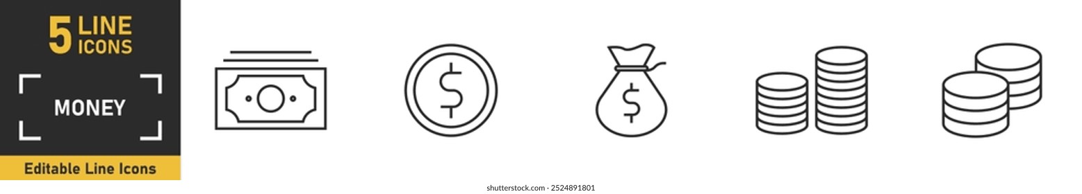 Conjunto de iconos de línea de dinero. Conjunto de 5 iconos de esquema relacionados con el dinero, el dólar, la moneda, las finanzas, los ingresos y más. Ilustración vectorial.