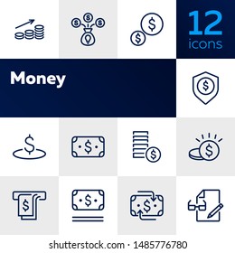 Money line icon set. Cash, stack of coins, banknote. Finance concept. Can be used for topics like budget planning, saving, cashback, insurance