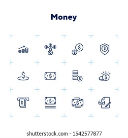 Money line icon set. Cash, stack of coins, banknote. Finance concept. Can be used for topics like budget planning, saving, cashback, insurance