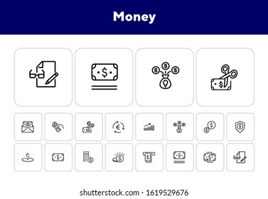 Money line icon set. Cash, stack of coins, banknote. Finance concept. Can be used for topics like budget planning, saving, cashback, insurance