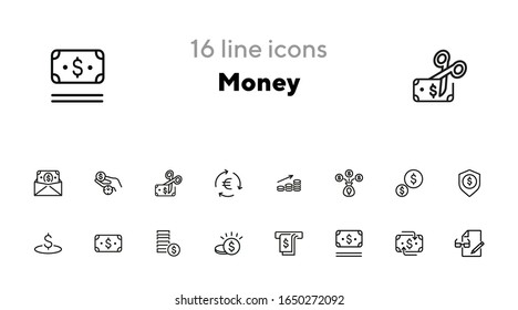 Money line icon set. Cash, stack of coins, banknote. Finance concept. Can be used for topics like budget planning, saving, cashback, insurance