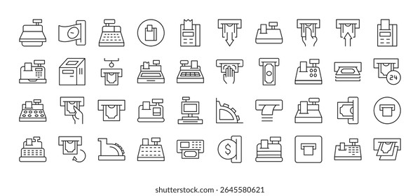 Money Line Icon Set. Cash Register and Receipt Outline Signs for Graphic and Web Design, Apps, Adverts, Various Cards 