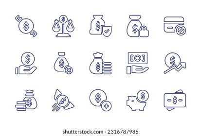 Juego de iconos de línea de dinero. Trazo editable. Ilustración vectorial. Con transferencia, escala, bolsa, saco, tarjeta de crédito, préstamo, sin dinero, garantía de respaldo, crecimiento, vuelo, dinero.