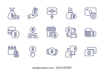 Money line icon set. Editable stroke. Vector illustration. Containing money bag, save money, deposit, add, coins, team, shop, car sharing, coin stack, calendar, price down, coin, transaction, money.
