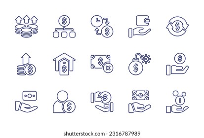 Money line icon set. Editable stroke. Vector illustration. Containing profits, money management, time is money, get money, refund, growth, house, poverty, debt, payment, share, employee, offering.