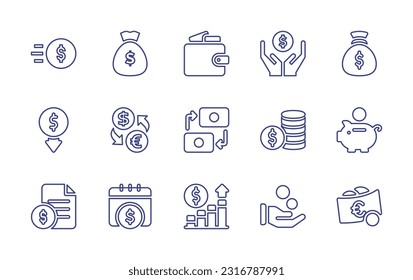 Money line icon set. Editable stroke. Vector illustration. Containing money, money bag, wallet, save money, coin, foreign currency exchange, transaction, coins, file, graph, hand, euro.