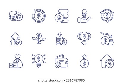 Money line icon set. Editable stroke. Vector illustration. Containing coin, cashback, money, transfer, currency, grow, profit, low cost, bankruptcy, money bag, light bulb, add, revenue, home value.