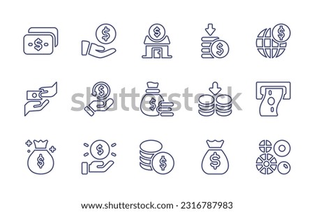 Money line icon set. Editable stroke. Vector illustration. Containing dollar, share, home, loss, investment, donation, cashback, money bag, money saving, withdraw, money, coins.