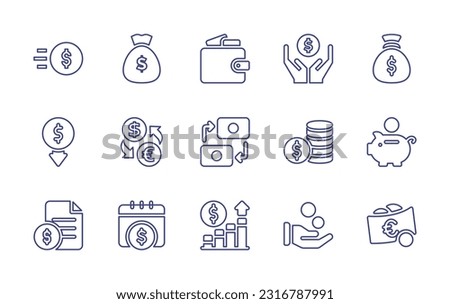 Money line icon set. Editable stroke. Vector illustration. Containing money, money bag, wallet, save money, coin, foreign currency exchange, transaction, coins, file, graph, hand, euro.