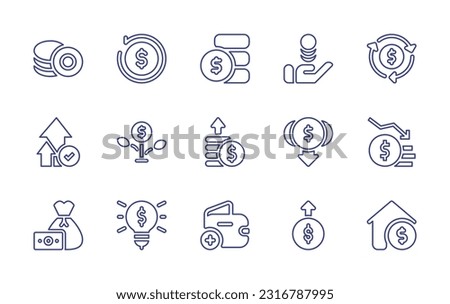 Money line icon set. Editable stroke. Vector illustration. Containing coin, cashback, money, transfer, currency, grow, profit, low cost, bankruptcy, money bag, light bulb, add, revenue, home value.