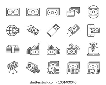 Money line icon set. Included icons as cash, passive income, bank, banknote, currency and more.