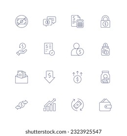 Money line icon set on transparent background with editable stroke. Containing no money, support, calculator, lock, cashback, bank check, employee, savings, bribe, low price, increase, jar.