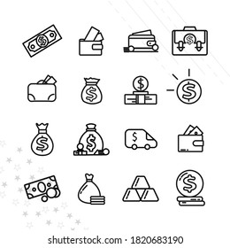 money line icon set, money pouch, coins, dollar bills, credit card, suitcase full of money