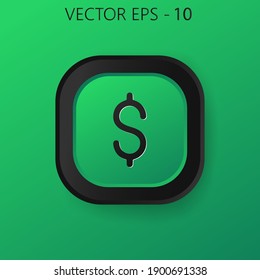 Vector de icono de línea de dinero. Botón cuadrado negro sobre fondo verde. Ilustrador Vecor