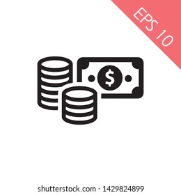 Money. Line Icon Vector. Payment system. Coins and Dollar cent Sign isolated on white background. Flat design style. Business concept. EPS 10, Premium. - Vektör