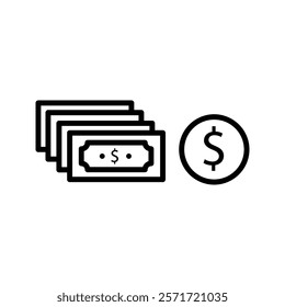 Money. Line Icon Vector. Payment system. Coins and Dollar cent Sign isolated on white background. Flat design style. Business concept.