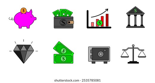 Ícones da Linha do Dinheiro. Traço editável. Pixel perfeito. Para celular e Web. Contém ícones como Dinheiro, Carteira, Câmbio de Moeda, Banco, Finanças.