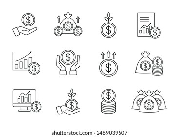 money line icons. finance icons. income sign. profit graph, financial report, increase , savings, money bag, investment, revenue, growth, dollar, inflation, economic symbols