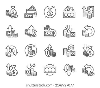 Money line icons. Finance, revenue reduction and financial benefit set. Economy, money savings and increase profit line icons. Cash back, wallet and return finance. Inflation rising. Vector