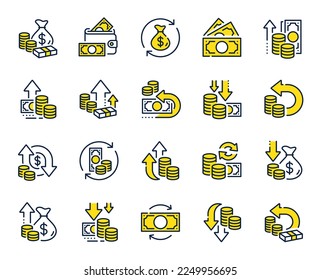 Money line icons. Finance, revenue reduction and financial benefit set. Economy, money savings and increase profit line icons. Cash back, wallet and return finance. Inflation rising. Vector