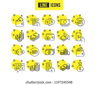 Money line icons. Set of Banking, Wallet and Coins signs. Credit card, Currency exchange and Cashback service. Euro and Dollar symbols. Quality futuro design money icons. Editable stroke. Vector