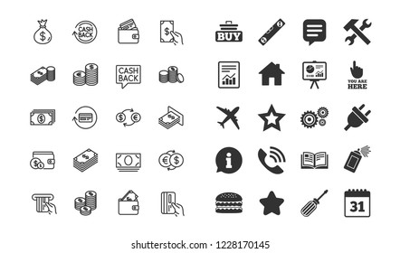 Money line icons. Set of Banking, Wallet and Coins signs. Credit card, Currency exchange and Cashback money service. Euro and Dollar symbols. Information, calendar and call phone icons. Vector