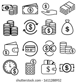 Money line icons. Set of Banking, Wallet and Coins signs. Credit card, Currency exchange and Cashback service. Euro and Dollar symbols. Quality design elements. Editable stroke. Vector