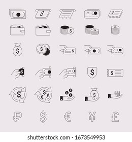 Money line icons. Set of Banking, Wallet and Coins icons. Credit card, Currency exchange. Banking credit card, atm payment. Simple vector illustration.