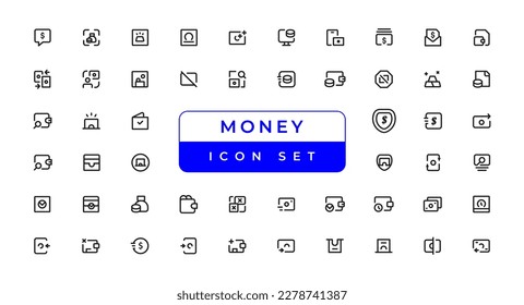Money line icons. Set of Banking, Wallet and Coins icons. Credit card, Currency exchange and Cashback money service. Vector icon set