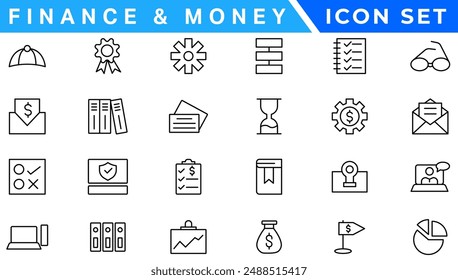 Money line icons. Set of Banking, Wallet and Coins icons. Credit card, Currency exchange and Cashback money service. Euro and Dollar, Cash wallet, exchange. Banking credit card, atm payment. Vector