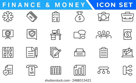 Money line icons. Set of Banking, Wallet and Coins icons. Credit card, Currency exchange and Cashback money service. Euro and Dollar, Cash wallet, exchange. Banking credit card, atm payment. Vector