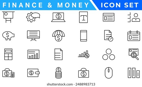 Money line icons. Set of Banking, Wallet and Coins icons. Credit card, Currency exchange and Cashback money service. Euro and Dollar, Cash wallet, exchange. Banking credit card, atm payment. Vector
