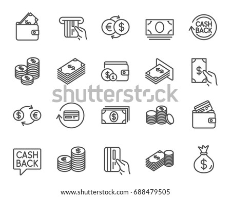 Money line icons. Set of Banking, Wallet and Coins signs. Credit card, Currency exchange and Cashback service. Euro and Dollar symbols. Quality design elements. Editable stroke. Vector