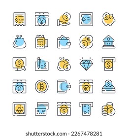 Money line icons. Set of money icons. Black, blue and yellow colors. Modern outline graphic design. Vector line icons set