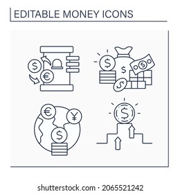 Money line icons set. Bureau de change, cash, foreign exchange, hard currency. Business concept. Isolated vector illustrations. Editable stroke